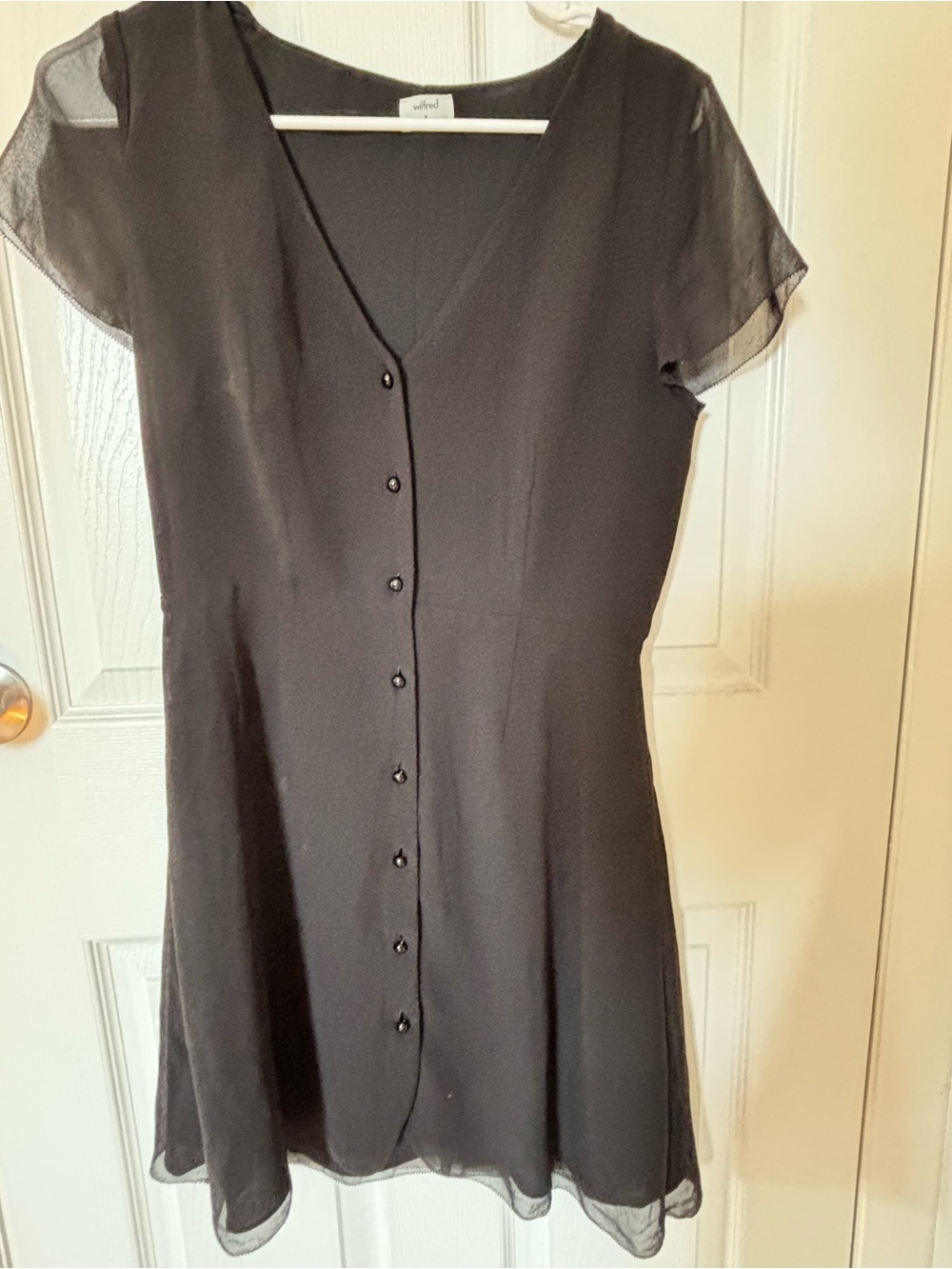 Wilfred Black Sheer-Sleeve V-Neck Button Dress